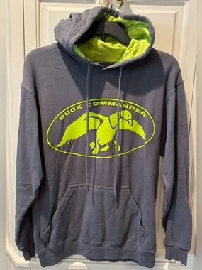 Duck Commander Gray Hooded Sweatshirt with Neon Green Logo - Adult Size Small